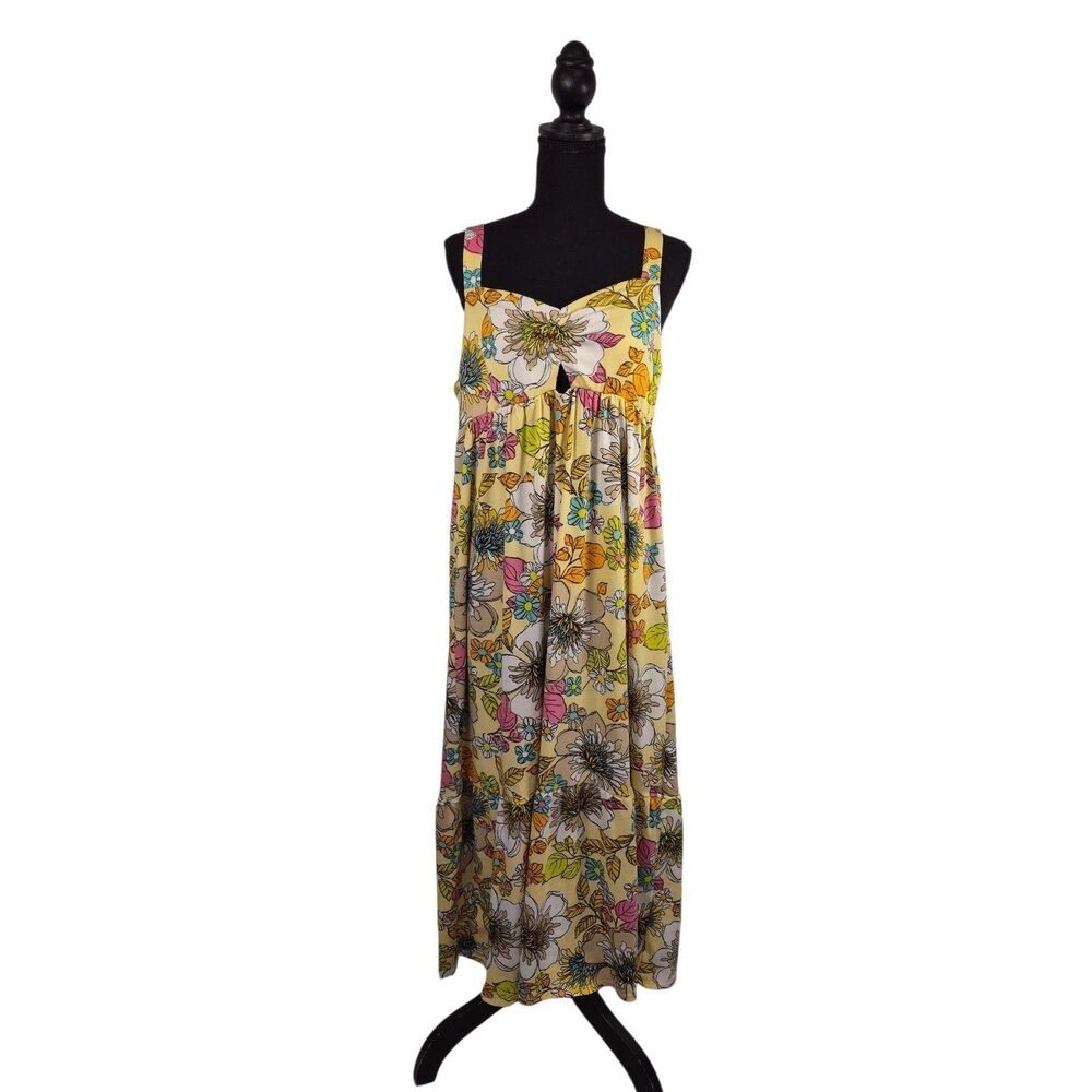 Emma & Michele Womens Maxi Dress Sz Medium Yellow Botanical Sweetheart Neckline